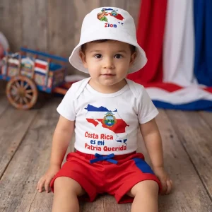 Set de Sombrero con Perezoso Grande Mameluco Costa Rica es mi Patria Querida y Short Harem Rojo