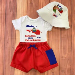Set de Sombrero con Perezoso Grande Mameluco Costa Rica es mi Patria Querida y Short Harem Rojo