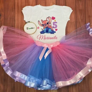 Set de Tutu Celetes y Rosado y Mameluco con mangas bombachas alusivo a Stitch