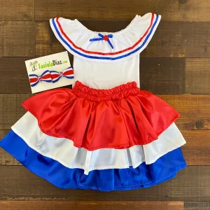 Traje Típico Azul, Blanco y Rojo BRILLANTE con Prensas de Lazo