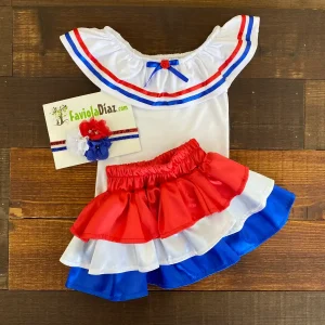 Traje Típico Azul, Blanco y Rojo BRILLANTE con Vincha Adelyn