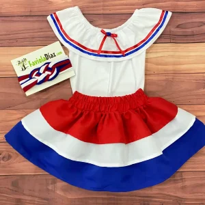 Traje Típico Azul, Blanco y Rojo con Vincha Nudo Náutico