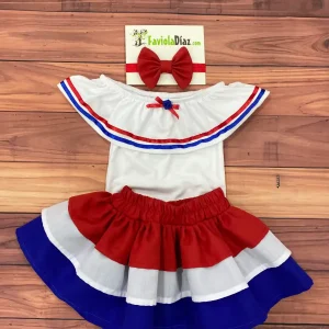 Traje Típico Azul, Blanco y Rojo con Vincha Roja con Lazo Escarchado Carly