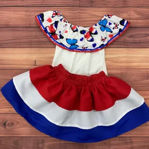Traje Típico Campesino Azul, Blanco y Rojo con Mariposas