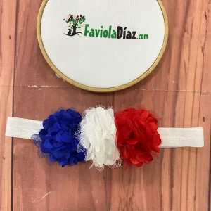 Vincha Tricolor Lucía con 3 Flores Blanco Azul y Rojo
