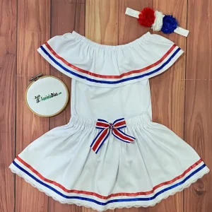 Conjunto de Mameluco y Falda Típicos Azul, Blanco y Rojo con Vincha Lucía