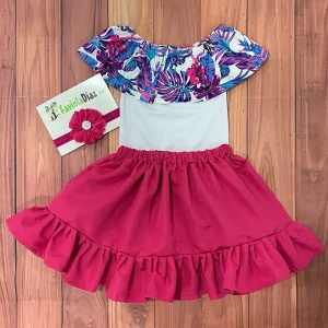 Conjunto de Vincha Falda Fucsia y Mameluco Campesino Típico Selva Tropical