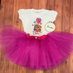 Set de Tutu Fucsia y Mameluco con Mangas Bombachas Alusivo a Paw Patrol