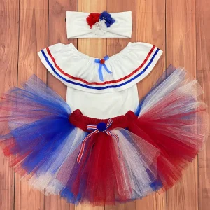 Set de Tutu y Mameluco Blanco, Azul y Rojo Típico con Vincha Charlene