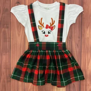 Set de Falda de Tirantes Roja y Verde de Cuadros y Mameluco con Mangas Bombachas de Reno