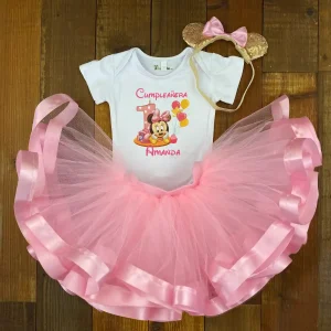 Set de Vincha, Tutu y Mameluco Rosado y Dorado de Minnie Bebé 2