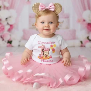 Set de Vincha, Tutu y Mameluco Rosado y Dorado de Minnie Bebé