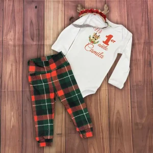 Set de Vincha de Reno Leggins de Cuadros y Mameluco Manga Larga Mi Primer Navidad 2