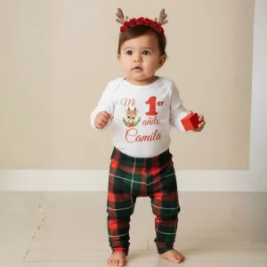 Set de Vincha de Reno Leggins de Cuadros y Mameluco Manga Larga Mi Primer Navidad