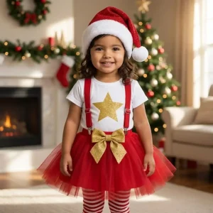 Set Navideño Estrella Dorada con Falda de tul, leggins rayados, Mameluco y gorrito de Santa