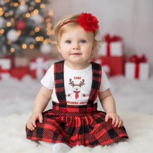 Set de Falda Roja de Cuadros con Tirantes y Mameluco con Muñeco de Nieve