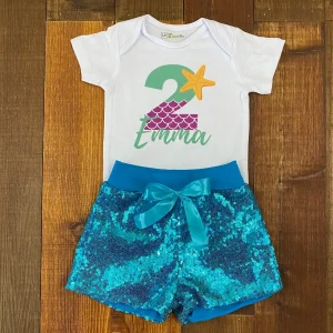 Set de Short Turquesa de Lentejuelas y Mameluco alusivo a Sirena 2