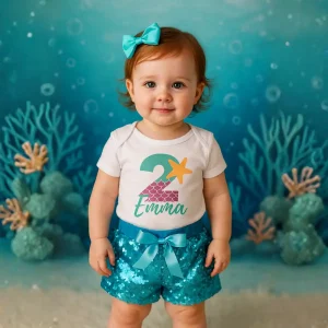 Set de Short Turquesa de Lentejuelas y Mameluco alusivo a Sirena