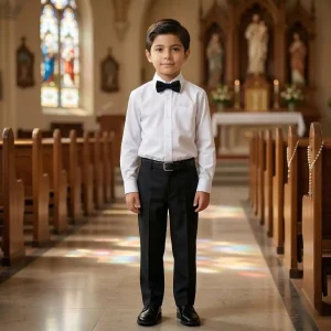 Conjunto Blanco y Negro Para Niño de Primera Comunión con Pantalón y Camisa