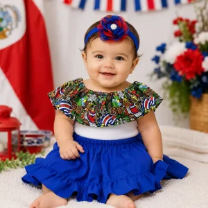 Conjunto de Vincha Roja y Azul, Falda Azul y Mameluco Campesino Típico Mi Tierra Viva