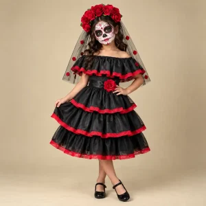 Vestido de Catrina Negro y Rojo para Niña
